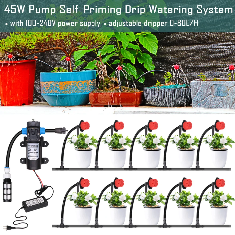 

5-30M 45W Pump Watering Irrigation Drip System Garden Self-Priming Spray Dripper Kit w/ 110-240V Power Supply Adjustable Nozzles