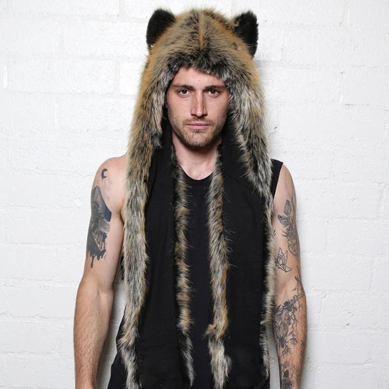 Men Women Faux Fur Hood Animal Hat Ear Flaps Gloves 3in1 Animal Fur Hat Role Play Wolf Plush Warm Imitation Fur Hats Partywear