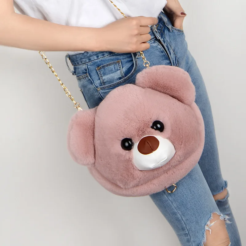 Fluffy Rabbit Fur Bear Messenger Bag For Women Cute Girls Plush Bears Zipper Handbags Bags Female Party Girlfriend Gift