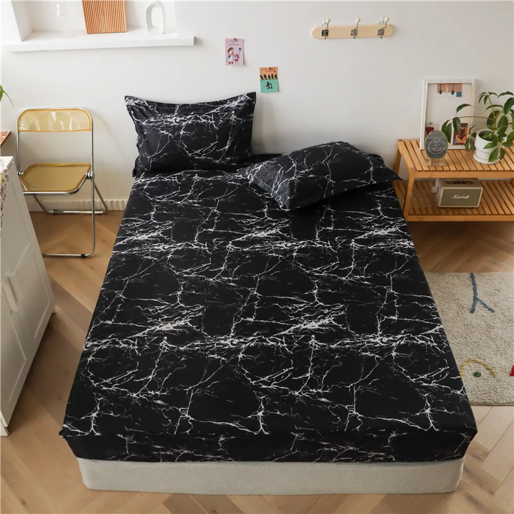 Fashion Black marble pattern Bed Fitted Sheets Sabanas Mattress Cover with Elastic Microfiber 90*200*30 120*200*30cm