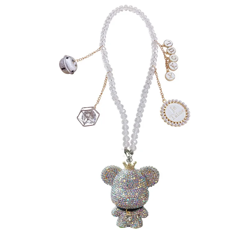 Fashion Bead Crystal Cartoon Bear Small Bell Car Pendant Diamond Hanging Ornaments Rhinestone Tassels Car Mirror Decoration