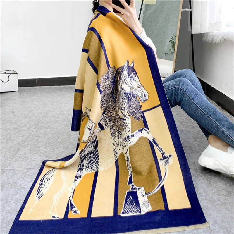 New Woman Fashion European And American Style Retro Horse Printing Imitation Cashmere Shawl Multifunction Decorate Warm Scarf