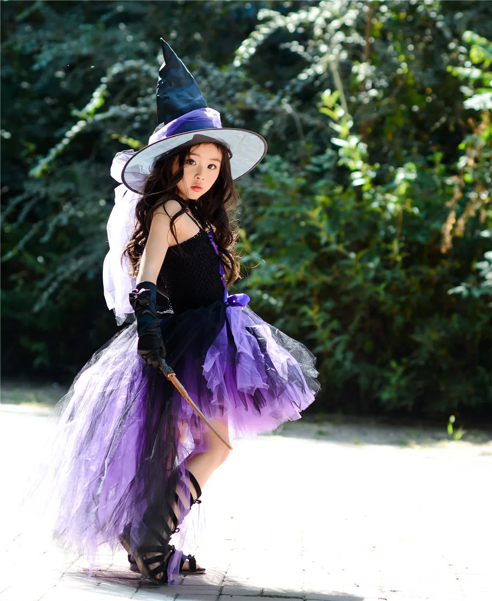 Purple Kids Girls Halloween Fairy Party Dresses Black Witch Toddler Baby Girls Birthday Cosplay Costumes Children Dress