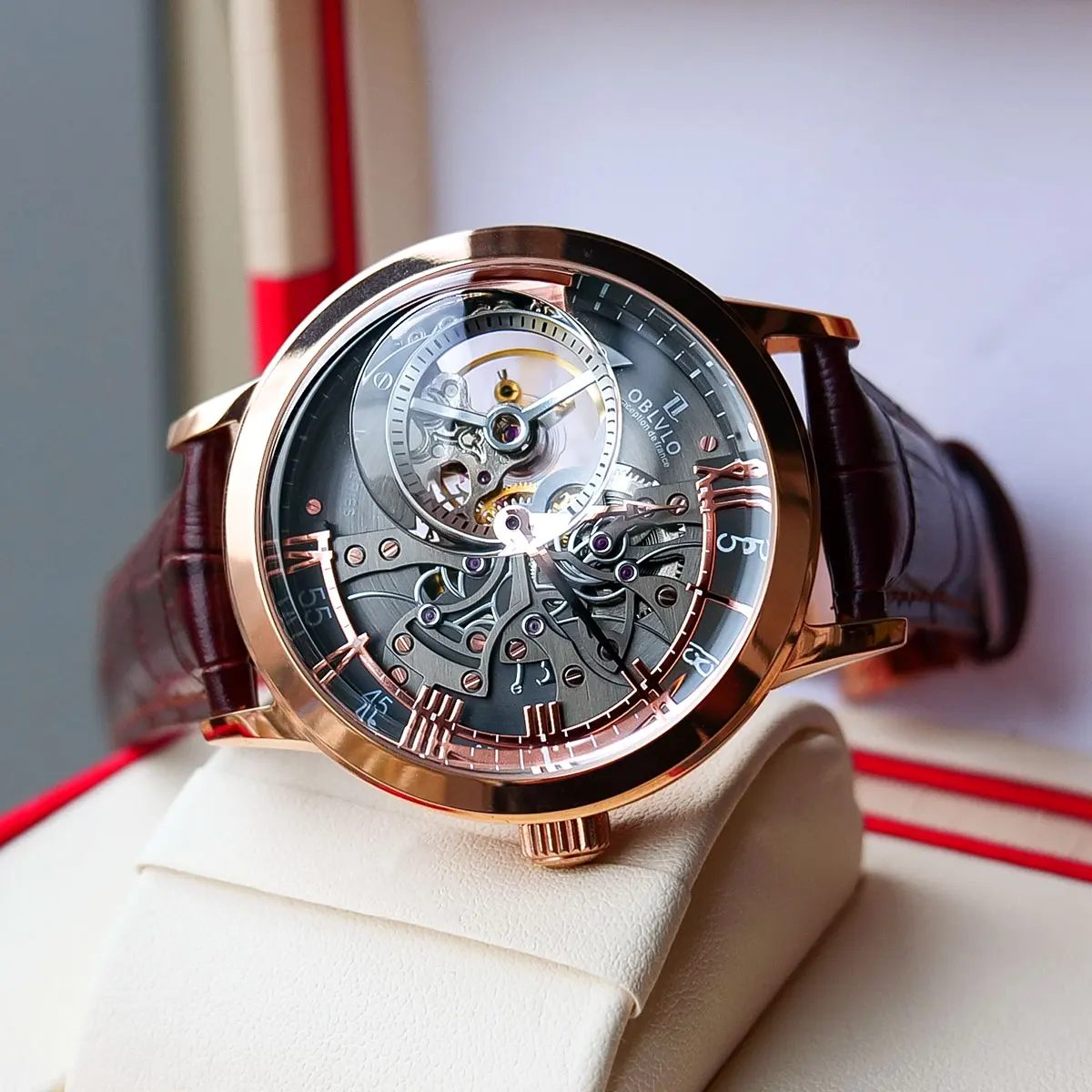 OBLVLO Luxury Brand Waterproof Casual Watches Analog Skeleton Watches Rose Gold Automatic Watches with Sapphire Crystal VM