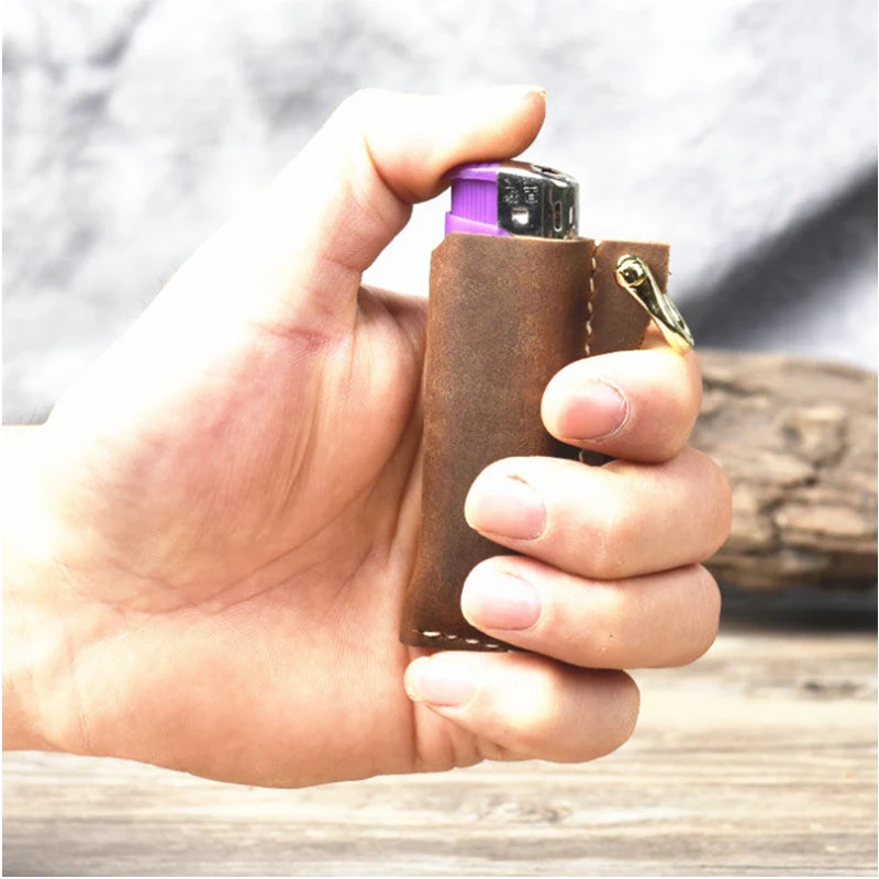 Genuine Handmade Cowhide Leather Lighter Case For Cricket Lighters Pouches Body Protection With Keychain Cigarette Accessories