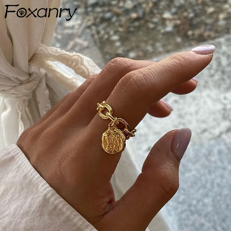 FOXANRY Silver Color Rings Fashion Vintage Couples Simple Hollow Chain Irregular Texture Pendant Party Jewelry for Women