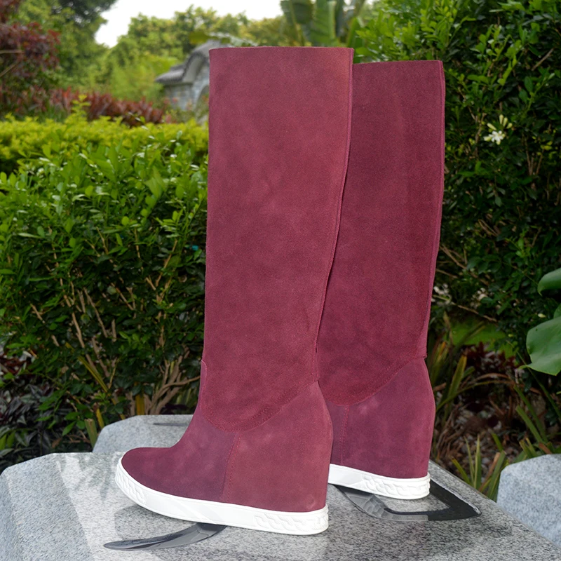 Fashion Maroon Red Suede Knee Boots Two Wear 8CM hidden inner heel Woman Shoes Thick Sole Slip On Foldover Bottine Real Photos