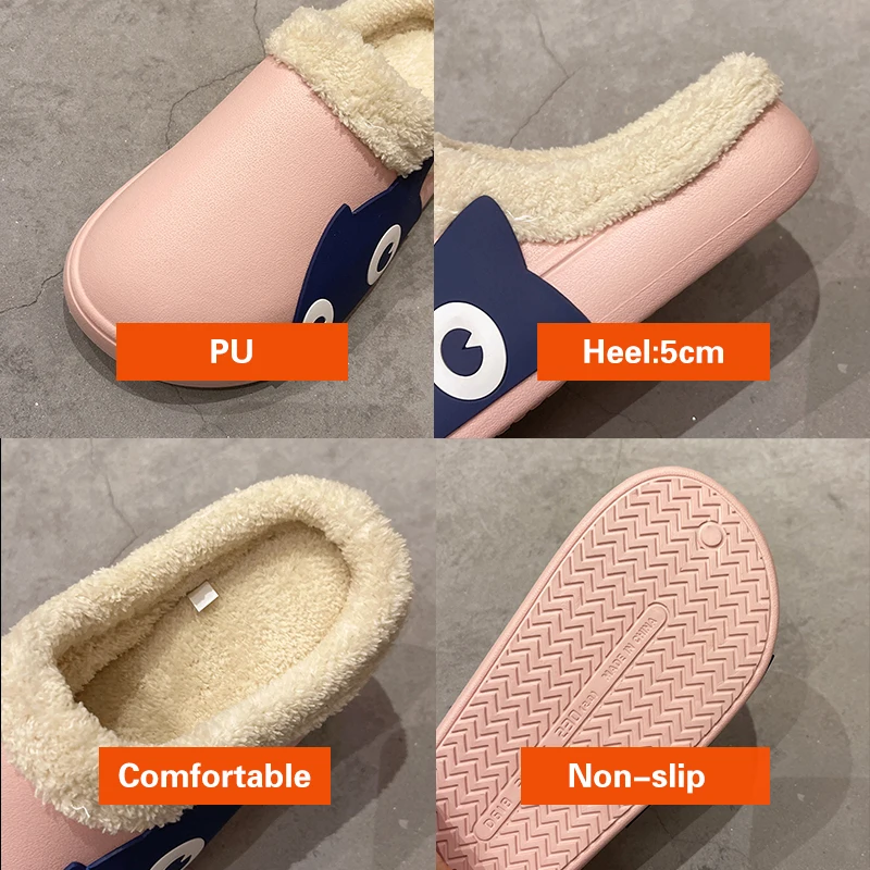 Home Winter Women Thick Platform Waterproof Non-Slip Rubber Slippers Warm Indoor Fur Cotton Men Couples Ladies Cartoon Shoes