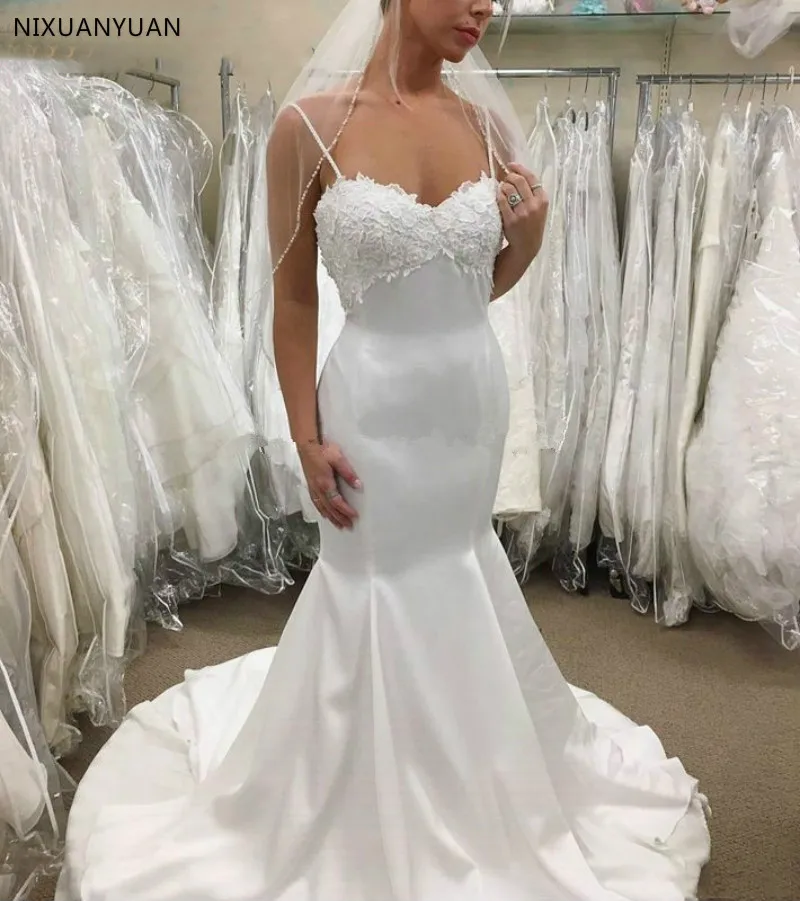 

Sexy Spaghetti Straps Mermaid Satin Wedding Dresses 2021 Sweetheart Lace Applique Bridal Gowns Vestido De Noiva