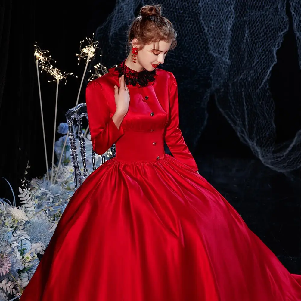 luxury 100% real red stand collar lace ball gown medieval dress Renaissance gown queen Victorian Belle Ball gown