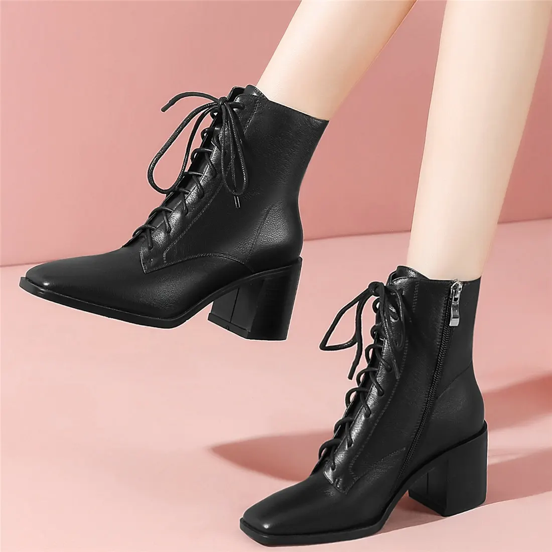 

Women Genuine Leather Chunky High Heel Motorcycle Boots Female High Top Winter Warm Square Toe Platform Pumps Shoes Casual Shoes