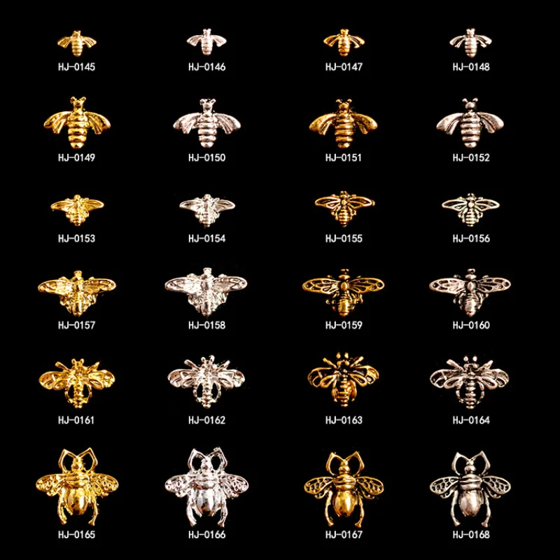 Retro 20Pcs Alloy Bee Jewelry Charms For Nails Metal Stick Gold Silver Bronze Vintage Nail Art 3D Decals Punk Nail Accessories