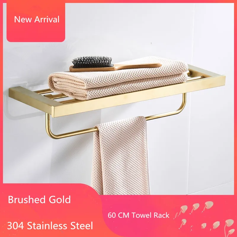 Vidric Bathroom Bath Towel Rack 304 Stainless Steel Brushed Gold Towel Holder Folding Wall Mounted 60 CM Towel Rail Holder Toile