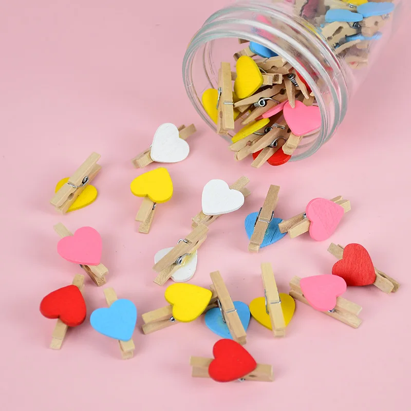 50PCS 30mm Chic Wedding Birthday Party Supplies Photo Wall Decoration White/Blue/Pink/Red Mini Heart Wooden Craft Clip Peg