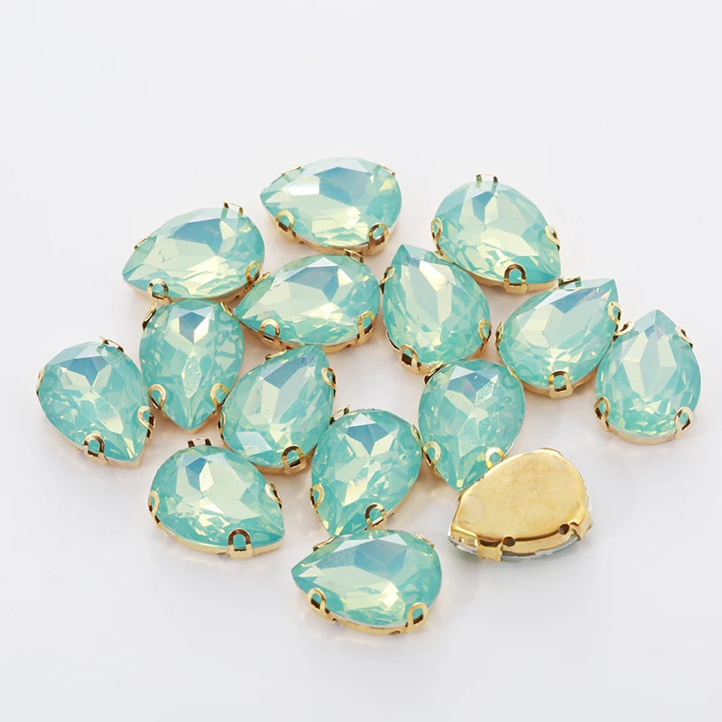 RESEN 50PCS Mix Shapes Green Opal Sew On Stones With Gold Bottom Claw Resin Rhinestones DIY Clothing Accessories