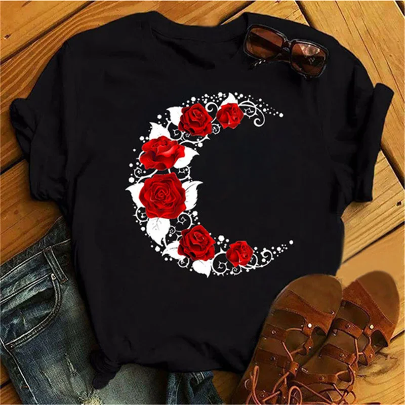 New Harajuku Women\'s T-shirt Fashion Creative Reose Musical Note Printed T Shirt Casual Shirt Short-sleeved Female Tshirt