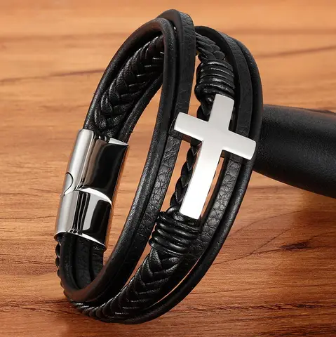 Men's Cross Style Leather Bracelet XQNI