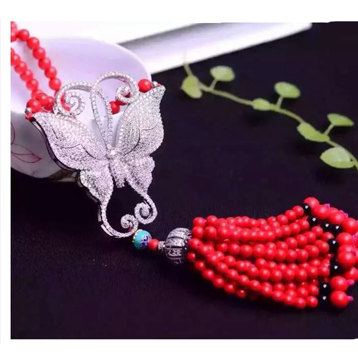 Women 925 Silver 6mm red Coral Butterfly Natural Zircon Fringed Long Necklace Pearl Pendant luxury sweater chain 32inch