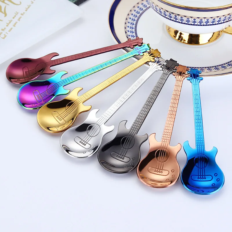 Multicolor Creative Stainless Steel Guitar Spoons Rainbow Coffee Tea Ice Spoon Flatware Drinking Tools As Gift Souvenir