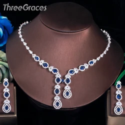 ThreeGraces Royal Blue Cubic Zirconia Silver Color Long Water Drop Dangle Earrings Necklace Jewelry Set for Women Wedding TZ594