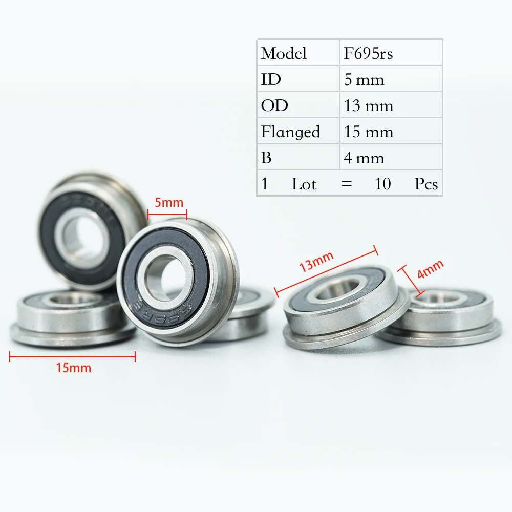 FUSHI F695 2RS Bearing 5*13*4 mm 10Pcs ABEC-7 Flanged Miniature F695 RS Ball Bearings F695RS For VORON Mobius 2/3 2/4 3D Printer