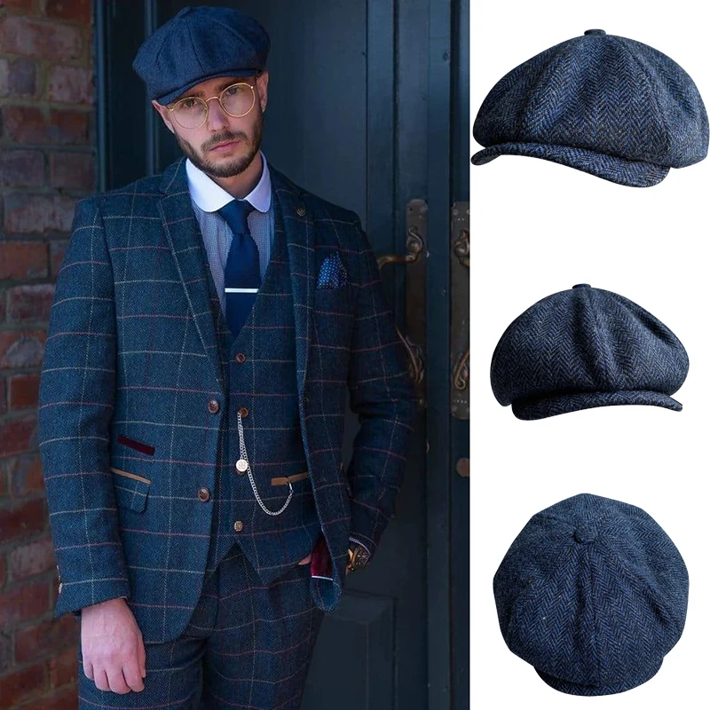 Pure Wool Men\'s Winter High Quality Wool Newsboy Hats Herringbone Octagon Cap Dark Gray Men Women Gatsby Flat Hat BLM303