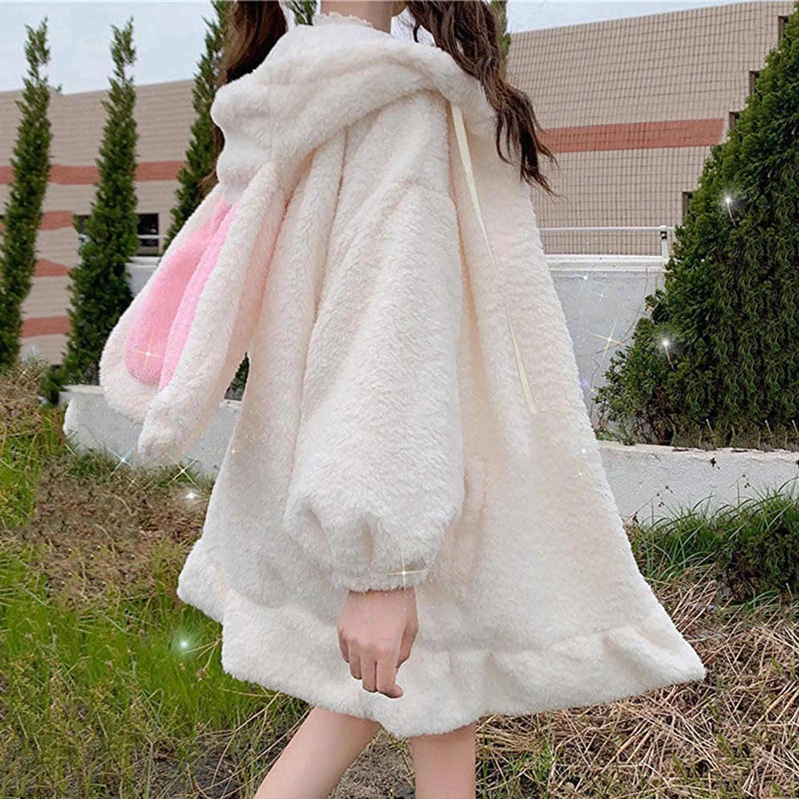 Flannel Bunny Ears Hoodies For Woman Winter Kawaii Women\'s Sweatershirt Fluffy Warm Winter Pullover Rabbit Jumper Hoddie