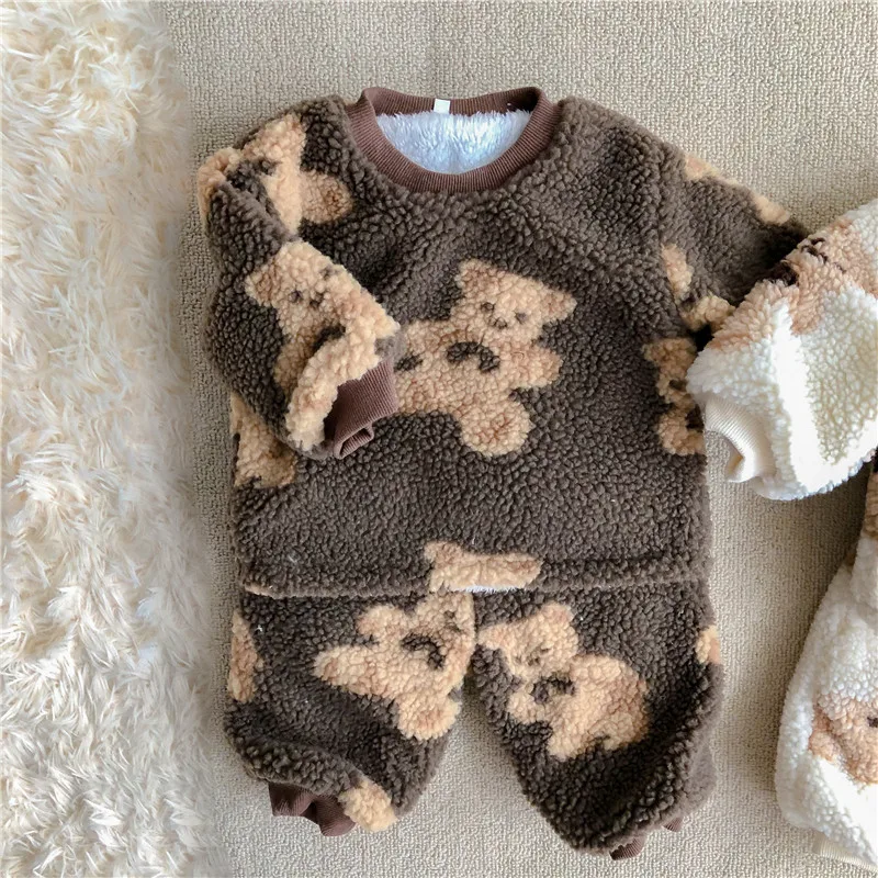 Winter Baby Boys And Girls Cute Cartoon Clothes Set Kids Thicken Warm Fleece Bear Sweatshirt Tops Pant Suit Children 2pcs Set