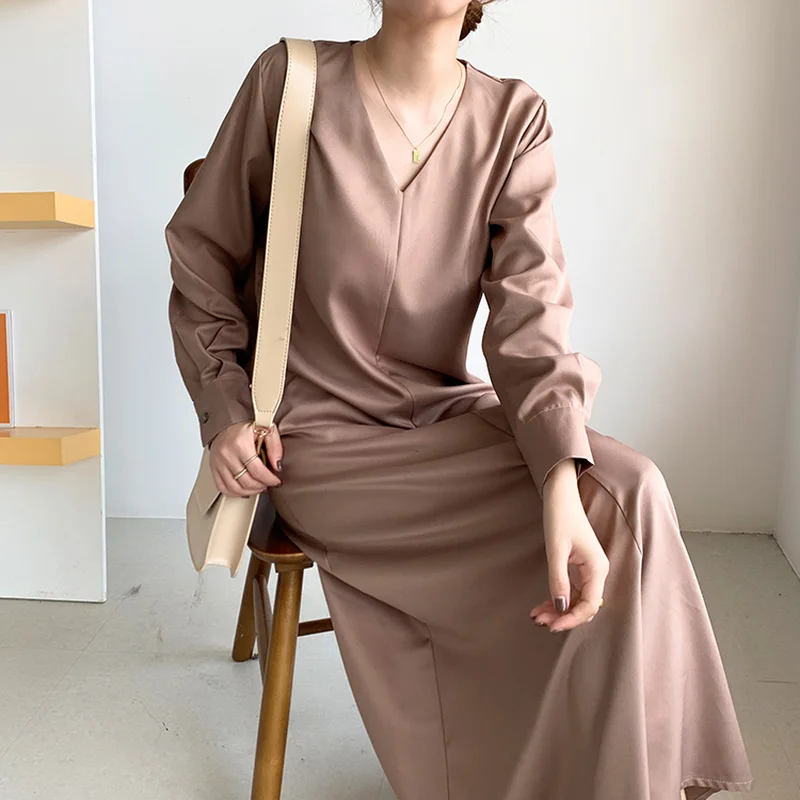 V-neck Solid Cotton Loose Dress Fashion casualElegant Spring Dress Office Lady Casual Long Sleeves Dresses Vestidos Chic 14026