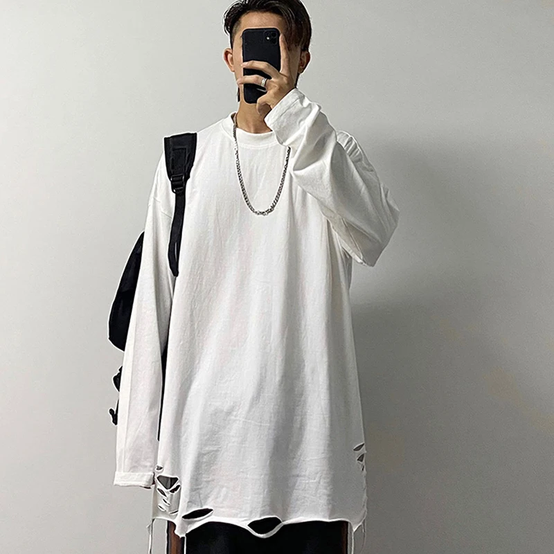 Hem Ripped Hole Long Sleeve Men Tshirt White Black Fashion Autumn Clothes Hip Hop 2xl 3xl Oversized Punk Vintage Streetwear Tops