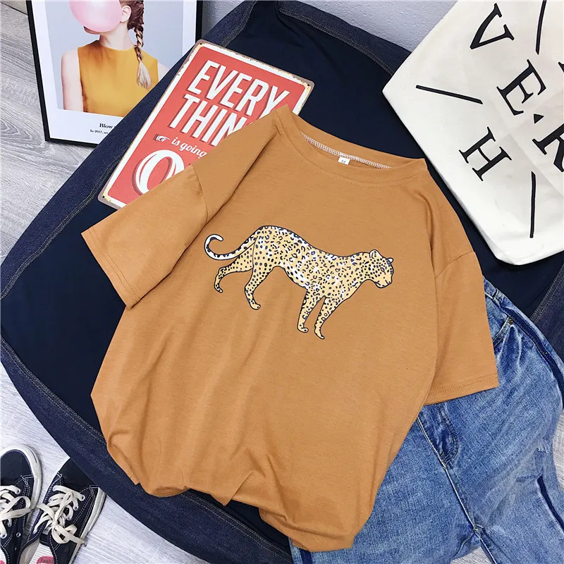 Hirsionsan Korean Summer Leopard T Shirt Women 2023 Cotton Loose O-Neck Short Sleeve Tees White Harajuku Black Punk Woman Tops