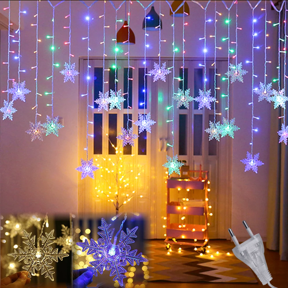 3.2M New Christmas Lights Snowflake Decoration LED Fairy String Lights Flash Light For 2022 New Year Curtain Outdoor Party Decor