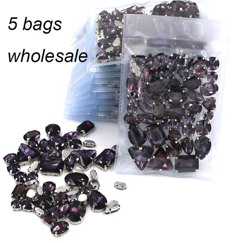 

New 5 bags Wholesale mixed shape glass crystal Deep purple sew on sliver base claws rhinestones diy clothing/wedding dress