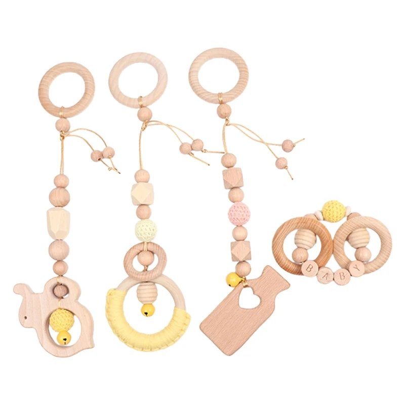 2024 New 4 Pcs Baby Gym Frame Pendants Wooden Ring Beads Teether Stroller Rattle Infants Newborn Nursing Molar Teething Toys