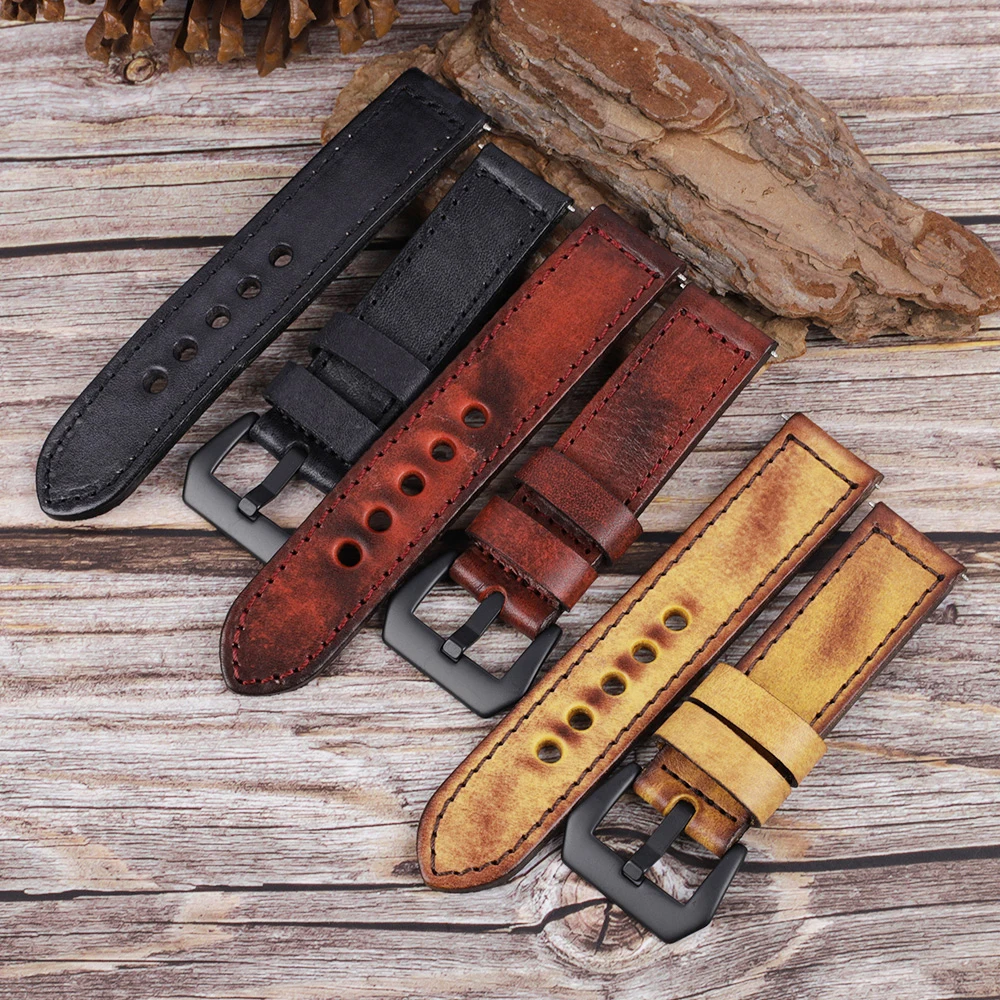 Vintage Genuine Leather Watch Band 20mm 22mm 24mm Hand Stitched Men Watchband Replacement for Panerai