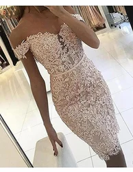 Hot New 2019 Sweetheart Off the Shoulder Lace Applique Beaded Pink Lace Fashion Party Cocktail Dresses