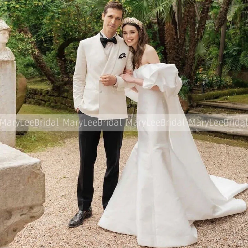 Vestido de novia de satén romántico con hombros descubiertos, manga abombada corta, cola de Cinta Larga, cola de sirena, para novia