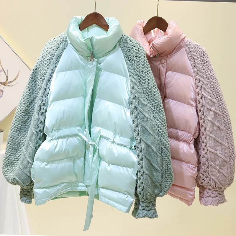 2024 Winter Fashion Knitted Lantern Sleeve Coat Women Down Cotton Jacket Casual Stand Collar Windproof Warm Female Loose Outwear