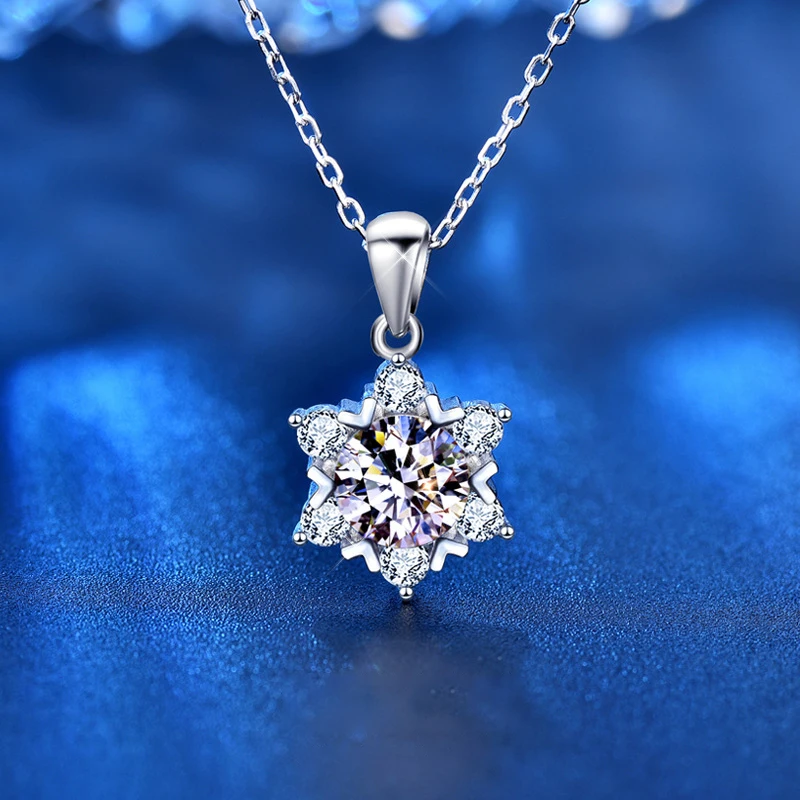 Sterling Silver Snowflake Necklace 1ct D Color VVS1 Genuine Moissanite Lab Diamond 14k White Gold Pendant Necklace Women Jewelry