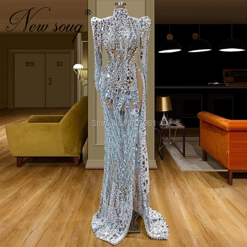 Sheer Perlen Abendkleider Für Arabisch Dubai Robe De Soiree Tüll Muslimischen 2020 Formalen Kleid Mädchen Hohe Prom Kleid Islamischen aibye