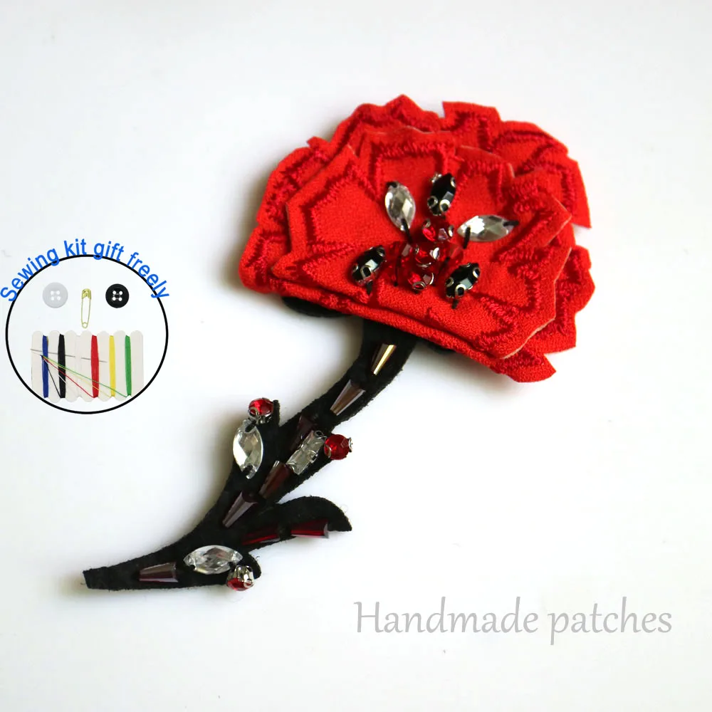 Fashion DIY red flower beaded Patches for clothing Embroidery Sequin sew on  floral patches for bags decorative parches applique