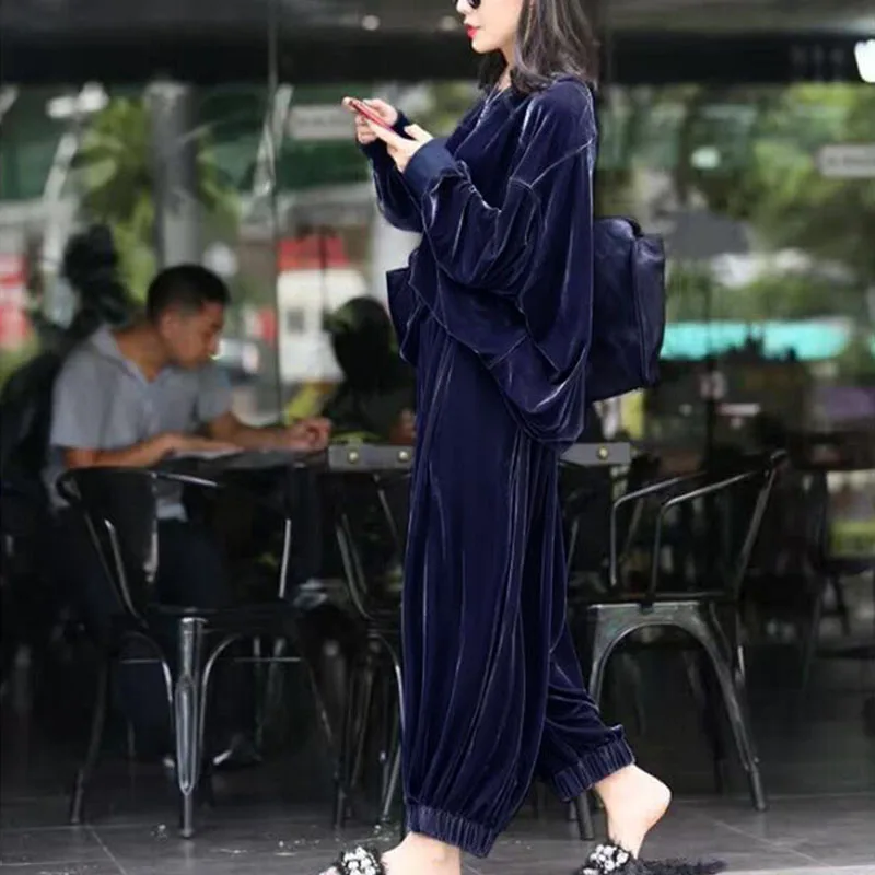 Two Piece Set Female 2023 Spring Autumn Female Gold Velvet Suit Women Fashion Loose Casual Sports Wide Leg Pants Ropa Mujer