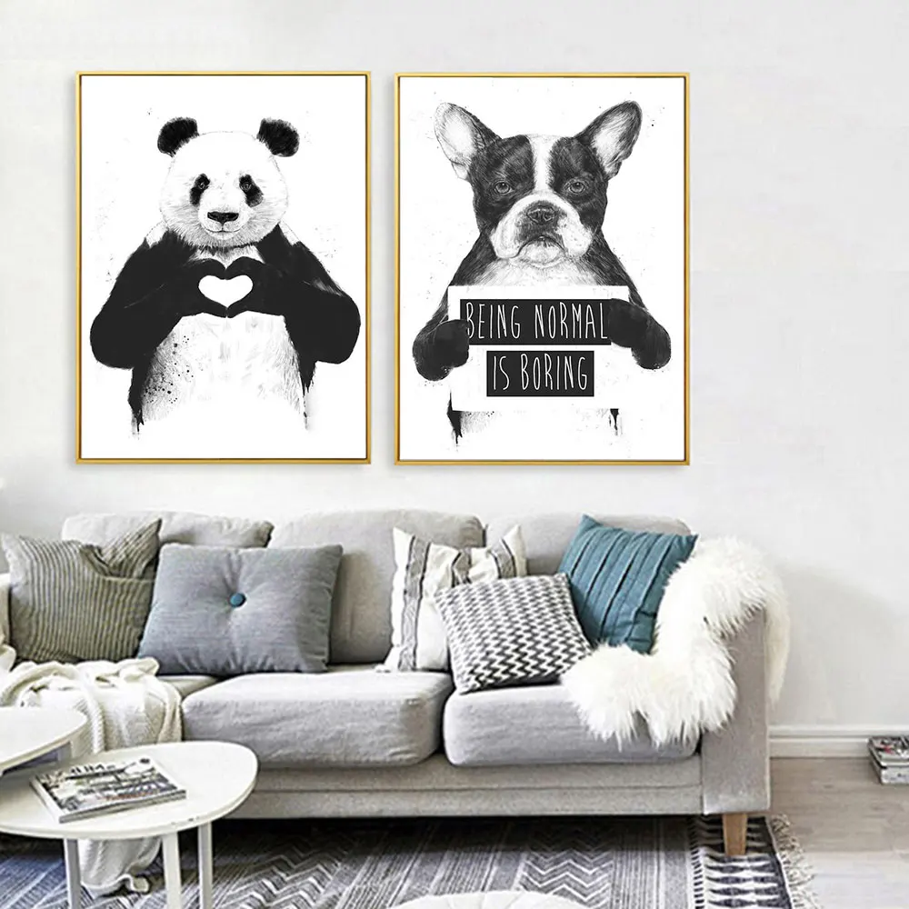 

Being Normal Is Boring Quote Poster Nordic Art Canvas Print Panda and Dog Painting Wall Picture Home Decoration Unframe