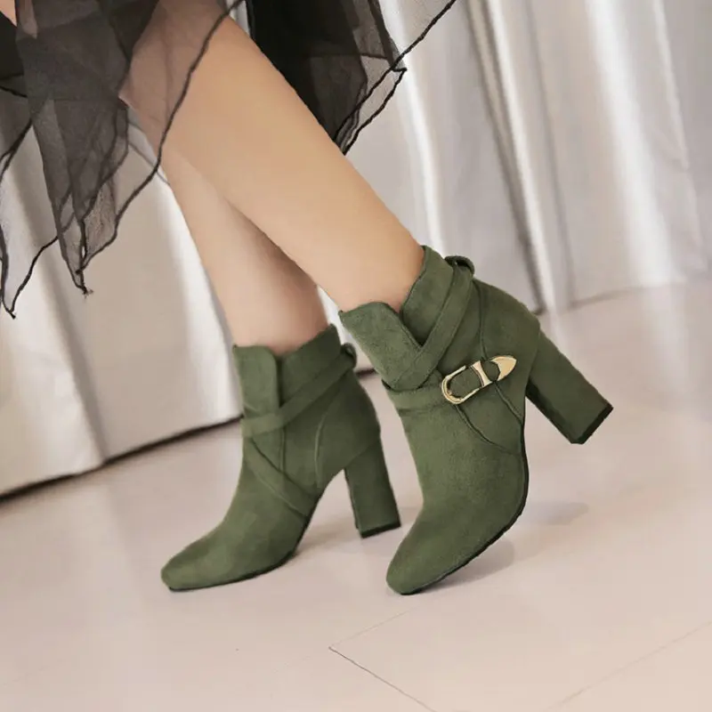 ZawsThia New Winter Buckle Strap Faux Nubuck Flock Army Green Olive Burgundy Pointed Toe Block High Heels Ankle Boots For Women