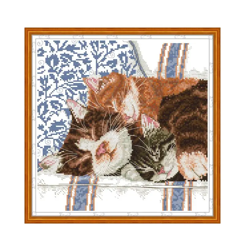 A Lovely Cat Family  Pattern Cross Stitch Animal Embroidery Kit 11CT 14CT Count Printed Fabric Needlework Full Set DIY Sewing