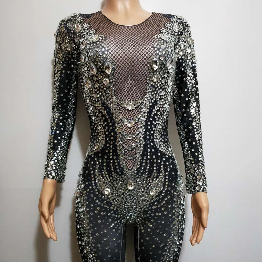 Sexy Stretch Rhinestones Party Jumpsuits Women Stretch Long Sleeve Crystal Romper Black Nightclub Prom Bodysuit Dance Stage Wear