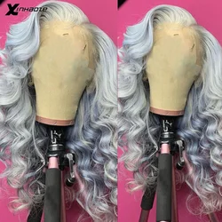 Pelucas de cabello humano con encaje frontal para mujeres negras, color gris plateado, parte profunda, 13x6, pelo brasileño, ondas sueltas, 13x4