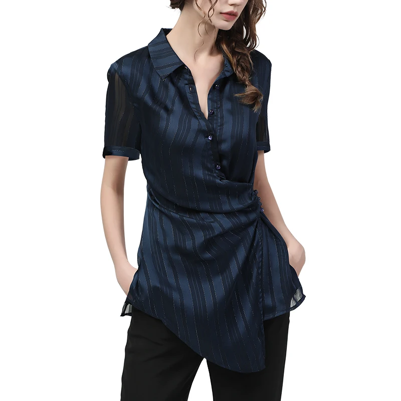 Women Short Sleeve Blue Striped Shirt Lightweight Chiffon Top Fashion Asymmetrical Button-down Casual Office Blouses