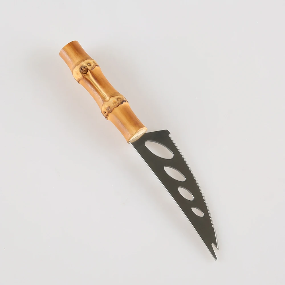 Stainless Steel Serrated Hollowed Holes Bamboo Root Wooden Handle Toast Pizza Dessert Cake Cheese Bread Mini Small Forking Knife