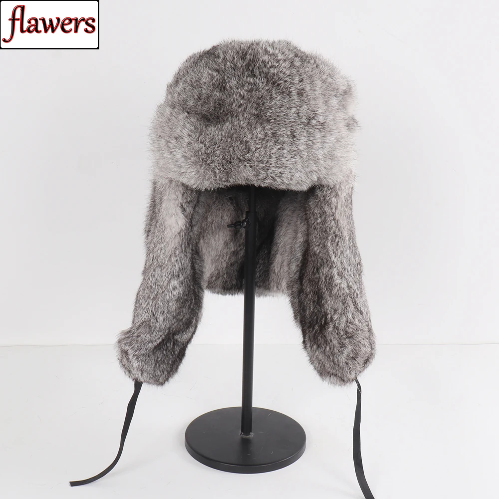 

Hot Sale Unisex Fluffy Real Natural Rabbit Fur Bomber Caps Winter Russian Men Warm Real Fur Cap Male Outdoor Rabbit Fur Hat